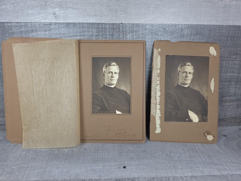 Antique 1912 Signed Catholic Priest Portrait Photo Rev Cogley Pair 197.20